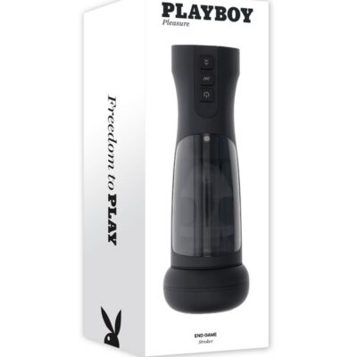 End Game warming automatic stroker in black with UV sanitizing stand by Playboy Pleasure