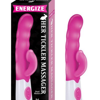 Pink rabbit-style vibrating tickler massager by Nasstoys, 9.5 inch total length with dual stimulation design