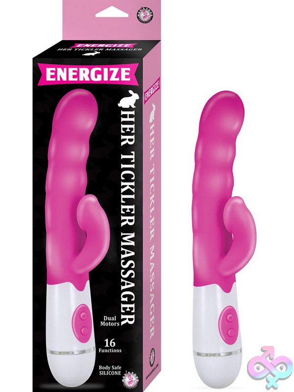 Discreet-Toys-Energize-Her-Tickler-Massager-Pink-Nu-Nw2911 Pink Rabbit-Style Vibrating Tickler Massager By Nasstoys, 9.5 Inch Total Length With Dual Stimulation Design