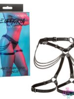 Adjustable multi-chain thigh harness in black vegan leather with velvet lining by California Exotic Novelties