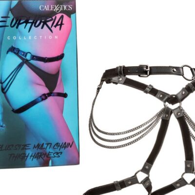 Plus size multi chain thigh harness in black vegan leather with velvet lining by California Exotic Novelties