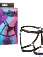 Black riding thigh harness with velvet interior and vegan leather straps by California Exotic Novelties