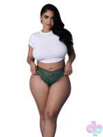 Emerald green split crotch lace panty with scalloped edge and green bow accent