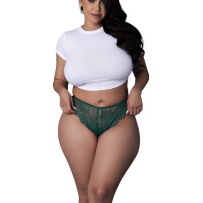 Emerald green split crotch lace panty with scalloped edge and green bow accent