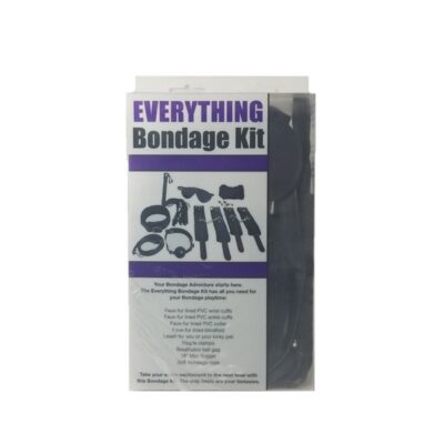 Nine-piece couples bondage kit with faux-fur lined black PVC cuffs, blindfold, mini flogger, and rope by S&G Pleasure