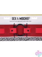 Adjustable two-tone red faux leather bondage restraint belt with D-rings and O-rings by Sportsheets