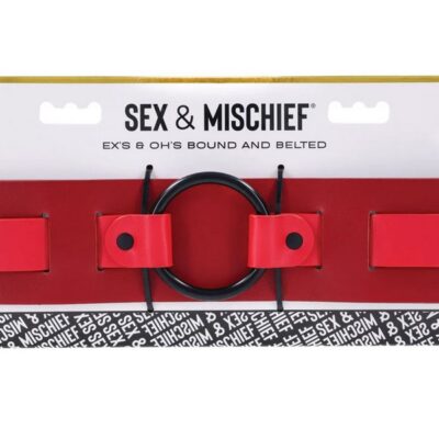 Adjustable two-tone red faux leather bondage restraint belt with D-rings and O-rings by Sportsheets