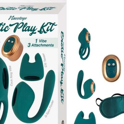 Green silicone couples vibrator kit with attachments and blindfold by Nasstoys