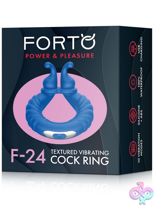 Discreet-Toys-F-24-Textured-Vibrating-Cockring-Blue-Nu-Fo-240-12 Textured Vibrating Cockring In Blue By Forto, Shown On Neutral Background