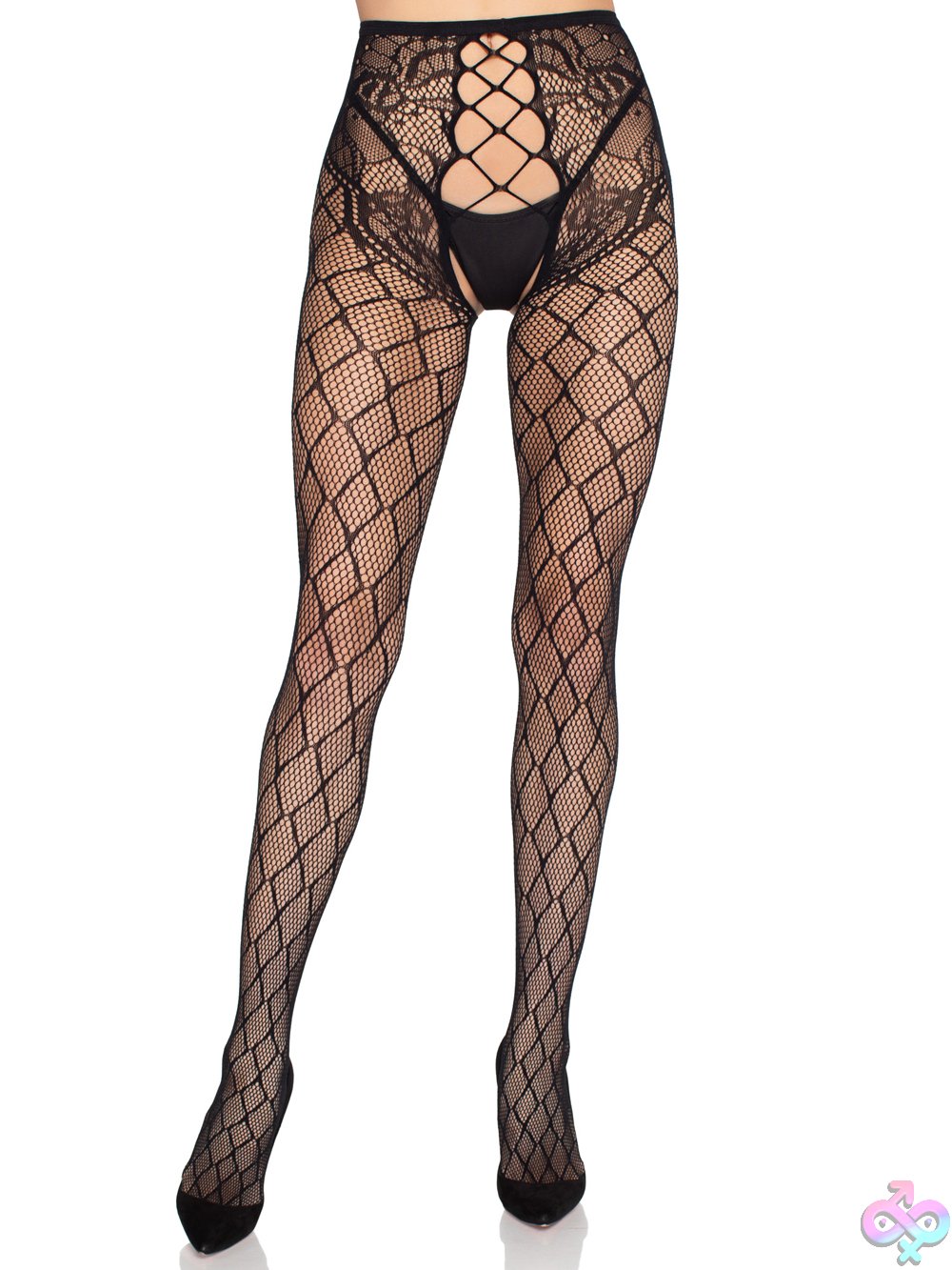 Discreet-Toys-Faux-Layer-Net-Tights-With-Crotchless-Floral-Panty-Os-Black-La-1966Blos Faux Layer Net Tights With Crotchless Floral Panty - Image 1