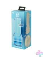 Clear glow-in-the-dark TPE stroker sleeve displayed with soft green glow against dark background