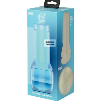 Clear glow-in-the-dark TPE stroker sleeve displayed with soft green glow against dark background