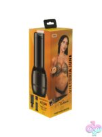 Black silicone celebrity mouth stroker by Kiiroo shown from front angle
