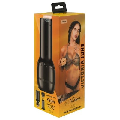Black silicone celebrity mouth stroker by Kiiroo shown from front angle