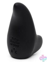 Smooth black silicone rechargeable finger vibrator with REPREVE storage bag by Fifty Shades of Grey