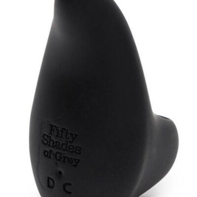 Smooth black silicone rechargeable finger vibrator with REPREVE storage bag by Fifty Shades of Grey