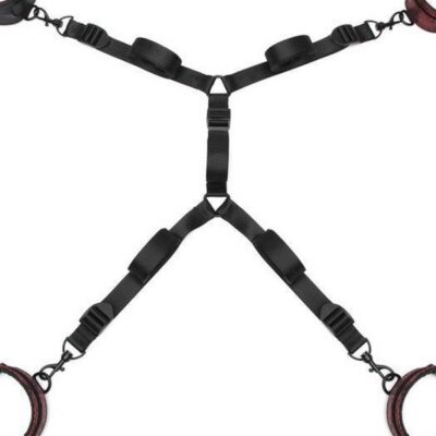 Sweet Anticipation under mattress restraint set in red polyester with nickel-free metal hardware by Fifty Shades