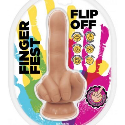 Finger Fest Flip Off silicone dildo with suction cup base shown in beige and brown color options
