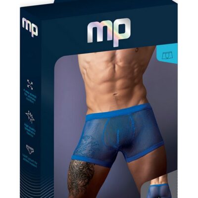 Male Power Fishnet 2.0 Pouch Short in blue showing fishnet body and cotton rib trim waistband