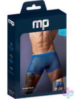 Male Power Fishnet 2.0 Pouch Short in blue showing fishnet body and cotton rib trim waistband