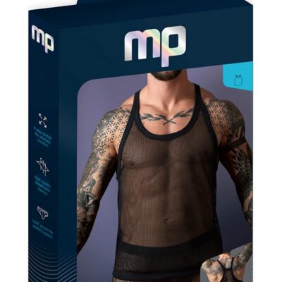 Male Power Fishnet 2.0 stretch tank top with racer-cut back in black
