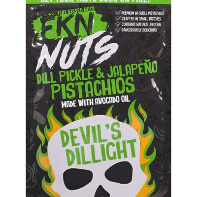 Fkn Nuts Dill Pickle and Jalapeno Pistachios 3 oz 10-pack display in green packaging by Doc Johnson
