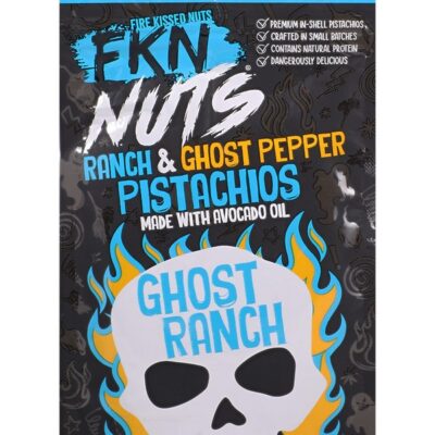 Fkn Nuts Ranch & Ghost Pepper Pistachios 3 oz. 10pk retail display, green seasoned in-shell pistachios by Doc Johnson