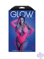 UV-reactive neon pink seamless rhinestone teddy with matching gloves queen size by Fantasy Lingerie