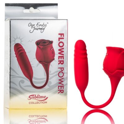 Flower Power triple-function rose vibrator in red medical-grade silicone by Our Erotic Journey