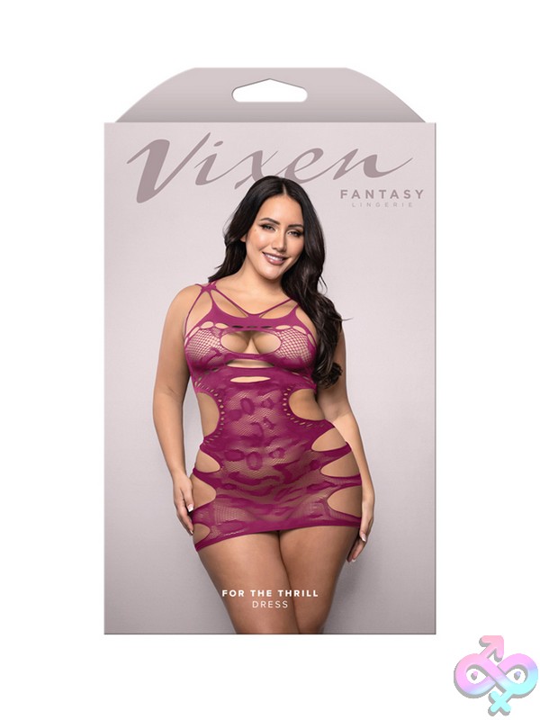 Discreet-Toys-For-The-Thrill-Dress-Queen-Size-Nu-V814-Qs-B Magenta Leopard Knit Cut-Out Plus-Size Mini Dress By Fantasy Lingerie