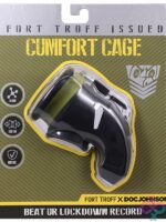 Flexible black silicone chastity cage with adjustable ring and padlock closure by Doc Johnson