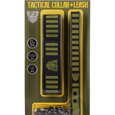 Fort Troff Tactical Collar and Leash in black and green with neoprene lining and metal chain by Doc Johnson