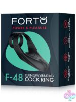 Forto F-48 vibrating perineum double cock ring in black showing dual rings and perineum stimulator arm