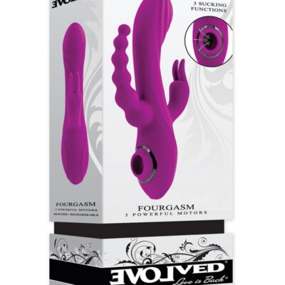 Fourgasm four-point suction rabbit vibrator in purple silicone with chrome ABS accents by Evolved Novelties