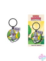 Gray butt plug enamel keychain with bold text by Wood Rocket