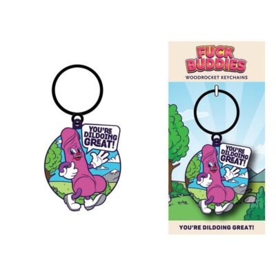 Pink enamel dildo encouragement keychain by Wood Rocket