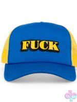 Blue puffy foam-printed trucker hat with adjustable snapback by Wood Rocket