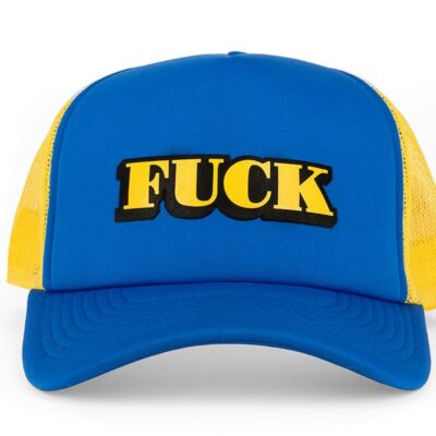 Blue puffy foam-printed trucker hat with adjustable snapback by Wood Rocket