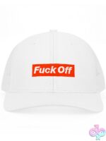 White cotton embroidered Fuck Off Trucker Hat by Wood Rocket with adjustable snapback closure