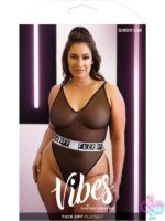 Sheer black mesh playsuit with 'Fuck Off' elastic waistband and high-cut leg on model