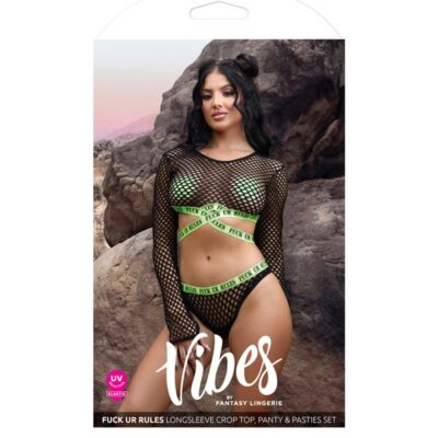Black fishnet long sleeve crop top with UV-reactive panty and cross pasties lingerie set