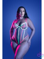 UV reactive mesh teddy in neon pink by Fantasy Lingerie — sheer full-gauge mesh with UV elastic binding