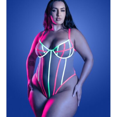 UV reactive mesh teddy in neon pink by Fantasy Lingerie — sheer full-gauge mesh with UV elastic binding