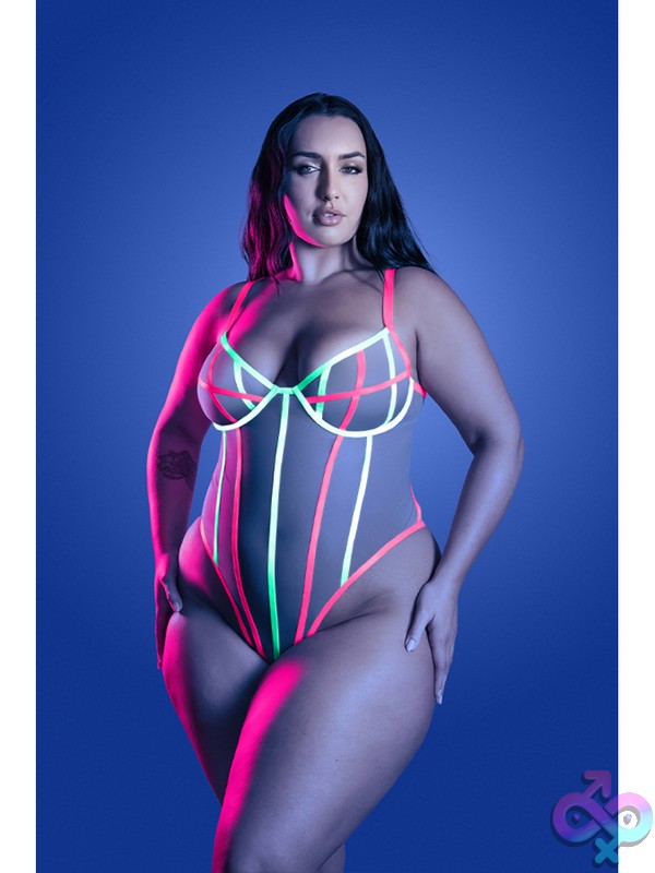 Discreet-Toys-Full-Gauge-Teddy-Queen-Size-Nu-Gl2655-Qs-B Uv Reactive Mesh Teddy In Neon Pink By Fantasy Lingerie — Sheer Full-Gauge Mesh With Uv Elastic Binding