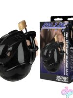 Full restraint silicone cock and balls chastity device with lock shown in black