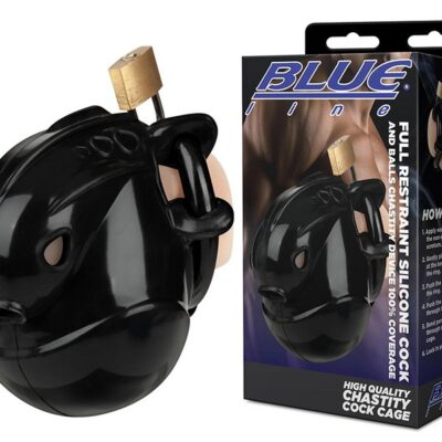 Full restraint silicone cock and balls chastity device with lock shown in black