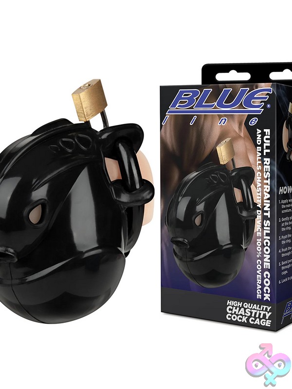 Discreet-Toys-Full-Restraint-Silicone-Cock-And-Balls-Chastity-Device-100%-Coverage-Black-Nu-Blm5025-Blk Full Restraint Silicone Cock And Balls Chastity Device With Lock Shown In Black