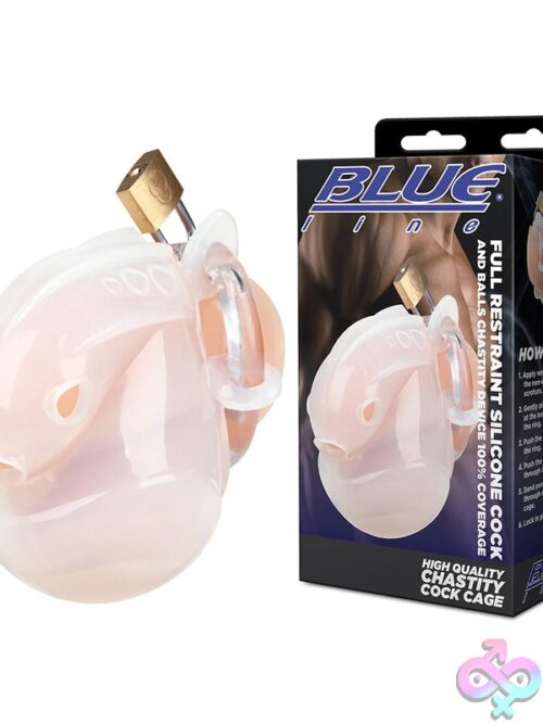 Full Restraint Silicone Cock And Balls Chastity Device With Lock Shown In Black