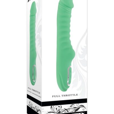 Curved green warming ribbed vibrator with realistic head and external nub by Evolved Novelties