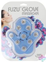 Fuzu Glove Massager Pastel with nine metal roller balls shown in blue and purple on a soft background